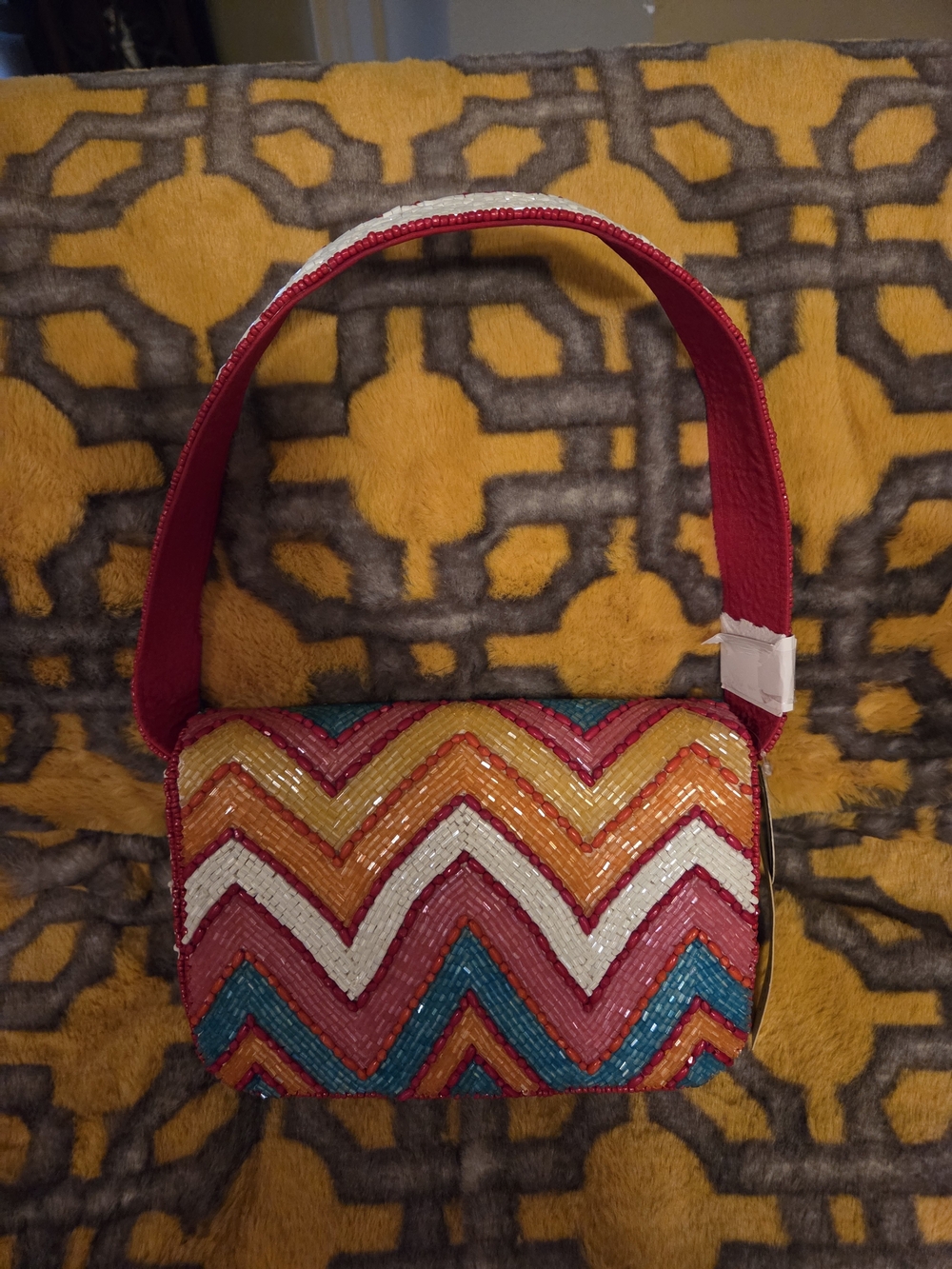 Viral Beaded Colorful Chevron Beaded Shoulder Bag - Red, Pink, Orange